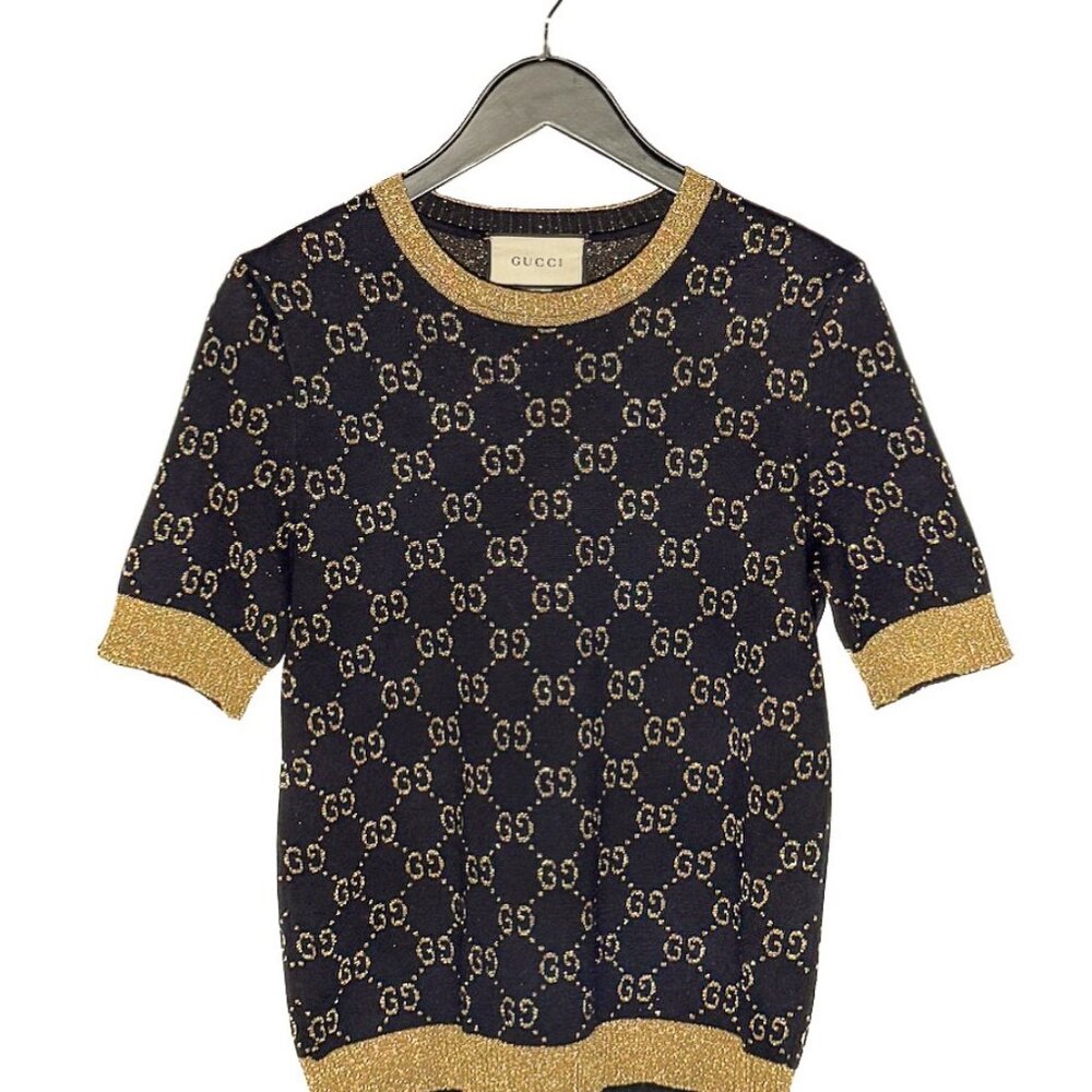 Gucci Navy Blue Cotton Lamé GG Jacquard Knit Short Sleeves Top